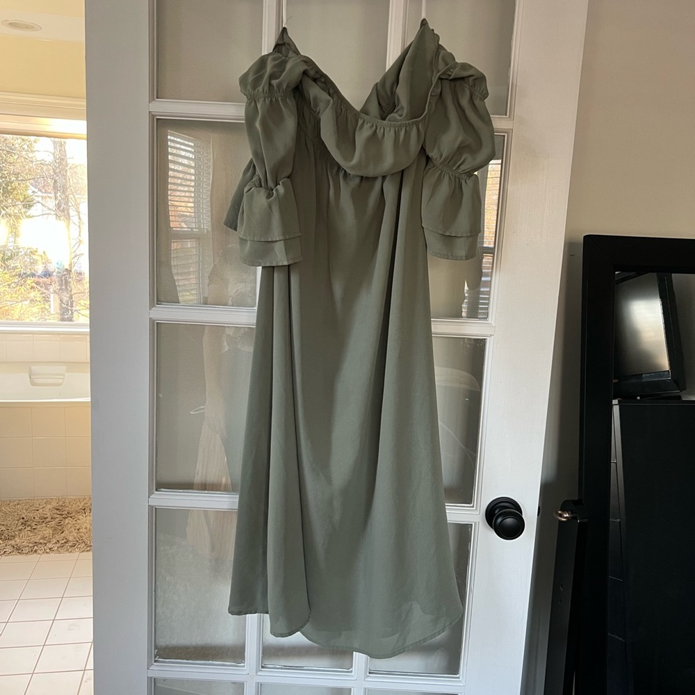 Sage green, off the shoulder, long sleeve maternity dress